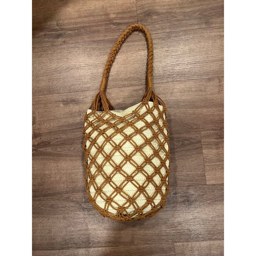 Universal Thread Straw Cream Brown Webbed Macrame Jute Bucket Shoulder bag